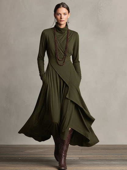 Turtleneck Wrap Front Draped Asymmetrical Hem Knit Pocket Maxi Dress