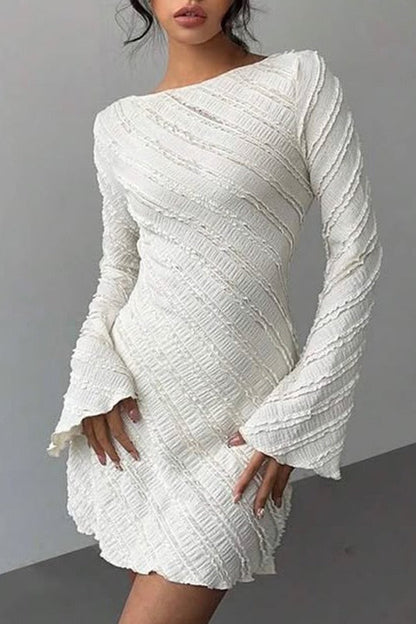 Diagonal Ruffle Textured Boat Neck Bell Sleeve Bodycon Mini Dress