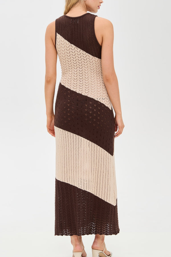 Fashionable Color-blocked Openwork Knit Slim-fit Maxi Dress