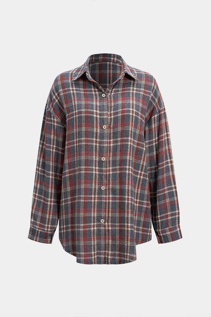 Retro Plaid Print Button Long-Sleeve Shirt