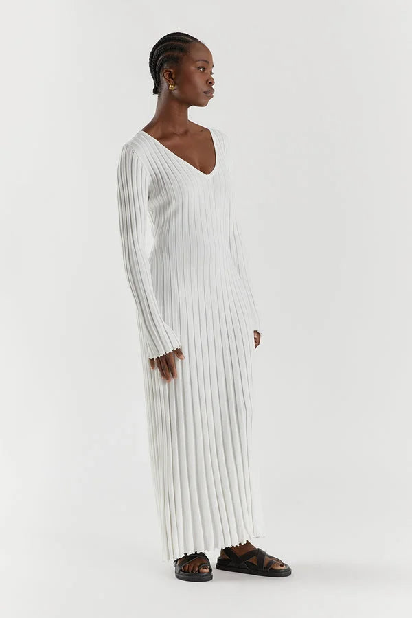 Rib Knit Deep V-Neck Long Sleeve Lettuce Hem Column Maxi Dress