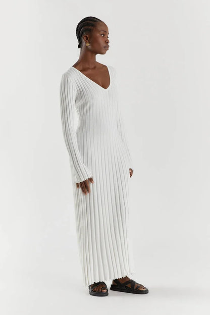 Rib Knit Deep V-Neck Long Sleeve Lettuce Hem Column Maxi Dress