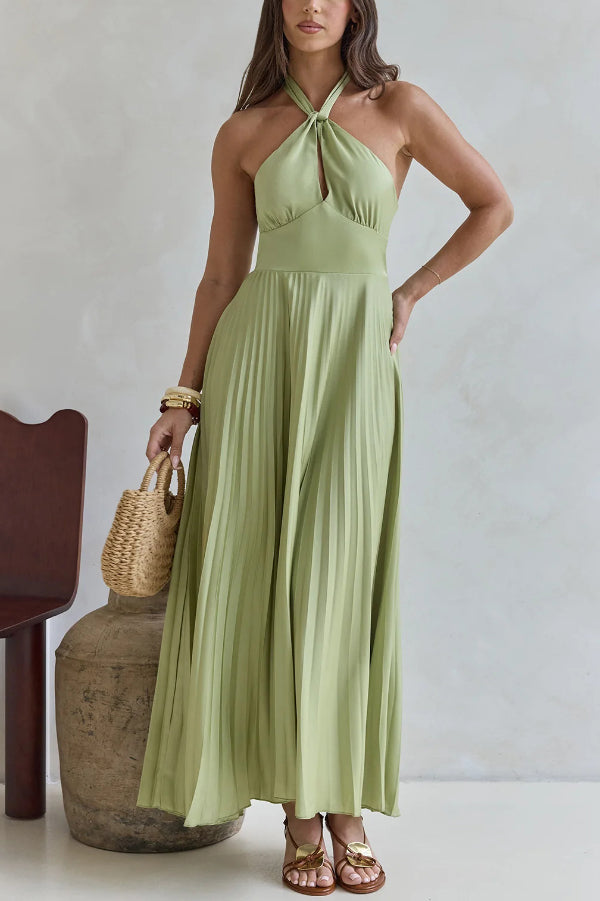 Solid Color Halter Neck Hollowed-out Casual Pleated Holiday Maxi Dress