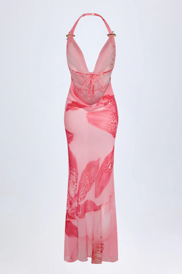 Unique Print Halter Neck Backless Sexy Slit Holiday Maxi Dress