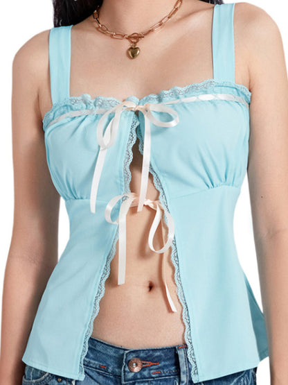 Lace Trim Slit Tie Front Tank Top