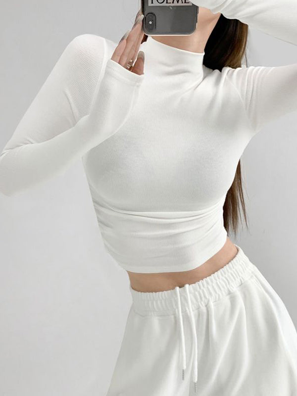 Solid Mock Neck Shirred Slim Long Sleeve Knit