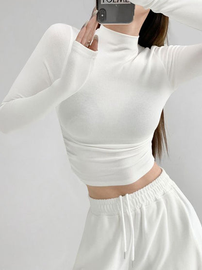 Solid Mock Neck Shirred Slim Long Sleeve Knit