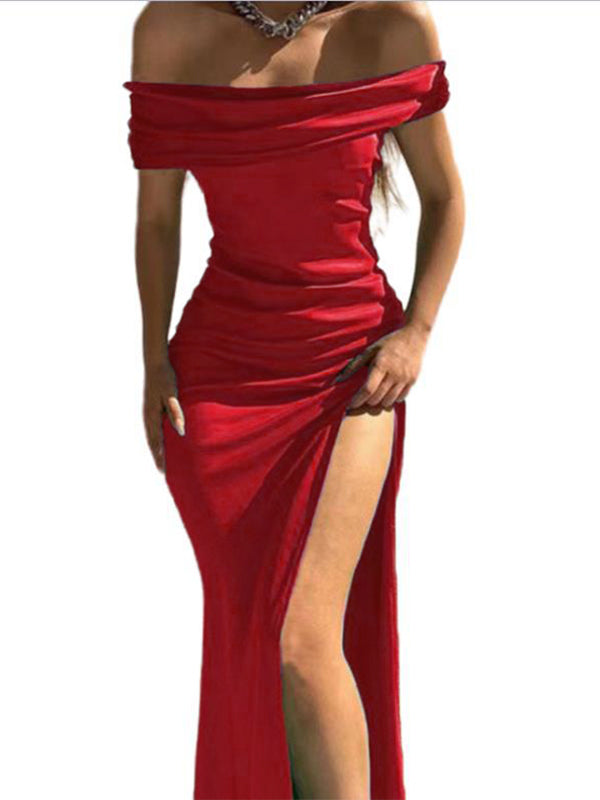 Glossy Solid Off Shoulder Thigh Split Maxi Dress