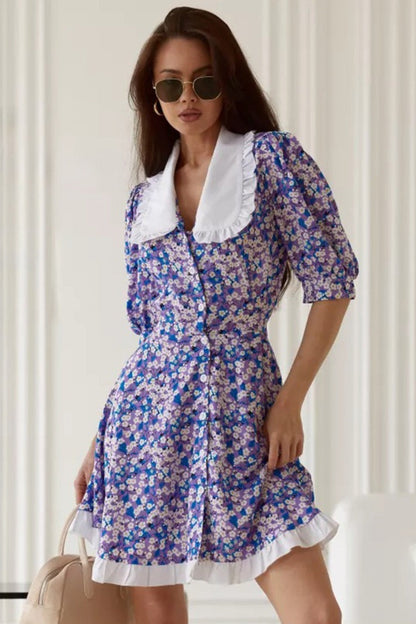 Ditsy Floral Oversized Ruffled Collar Puff Sleeve Ruffle Hem Mini Dress