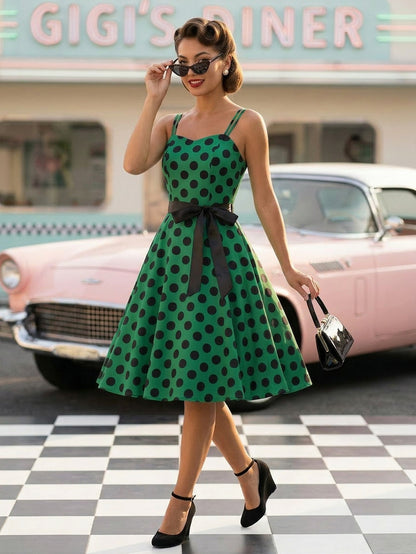 Polka Dot Vintage Midi Swing Dress for Women - 1950s A-Line Belted Rockabilly Slip Sun Dress - Summer Holiday Party 2026