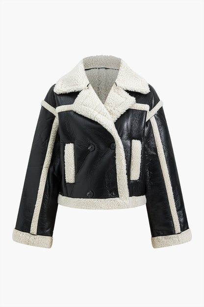 Faux Leather Long Sleeve Collar Jacket