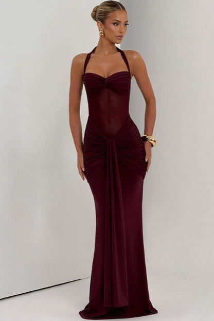 Halter Sweetheart Ruched Mesh Panel Cutout Front Drape Maxi Dress