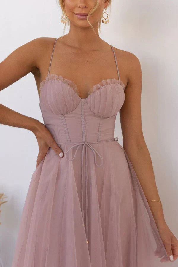 Sweetheart Neck Spaghetti Strap Corset Lace Up Tulle Skirt Midi Dress