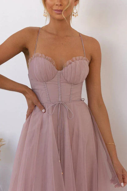 Sweetheart Neck Spaghetti Strap Corset Lace Up Tulle Skirt Midi Dress