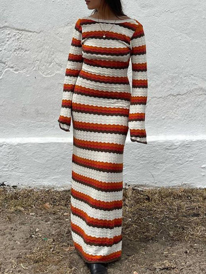 Striped Contrast Knitted Hollow Maxi Dress