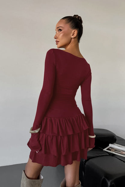Bateau Neck Long Sleeve Ruched Tiered Ruffle Mini Dress