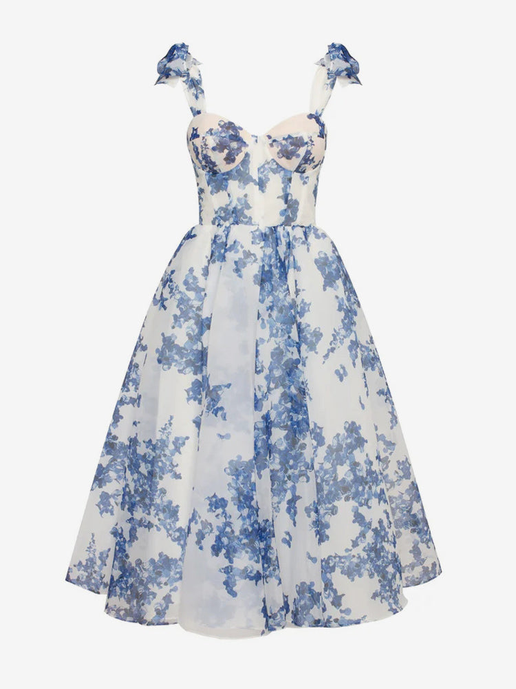 Light Sky Blue Corset Dress Tie Strap Floral A-Line Elegant Party Prom Midi Dresses