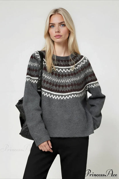 Fair Isle Loose Crewneck Plus Size Knit Sweater