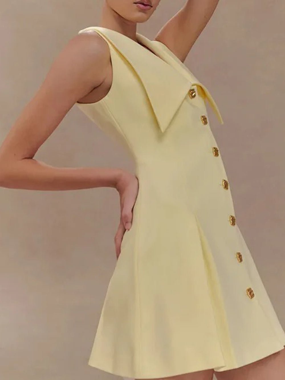 Oversized Collar Metal Button Front Pleated A-Line Mini Blazer Dress