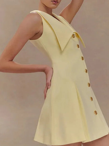 Oversized Collar Metal Button Front Pleated A-Line Mini Blazer Dress