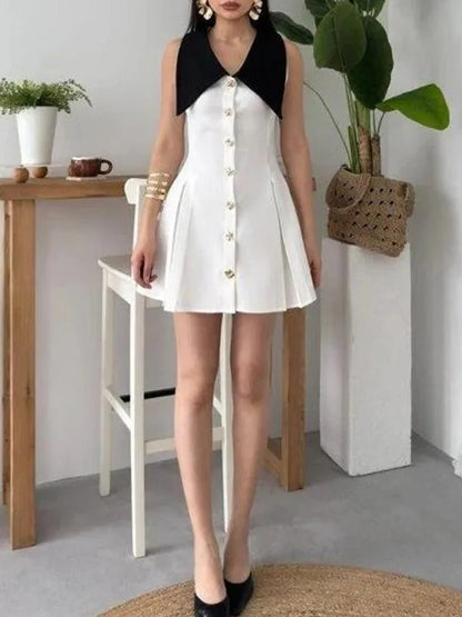 Oversized Collar Metal Button Front Pleated A-Line Mini Blazer Dress