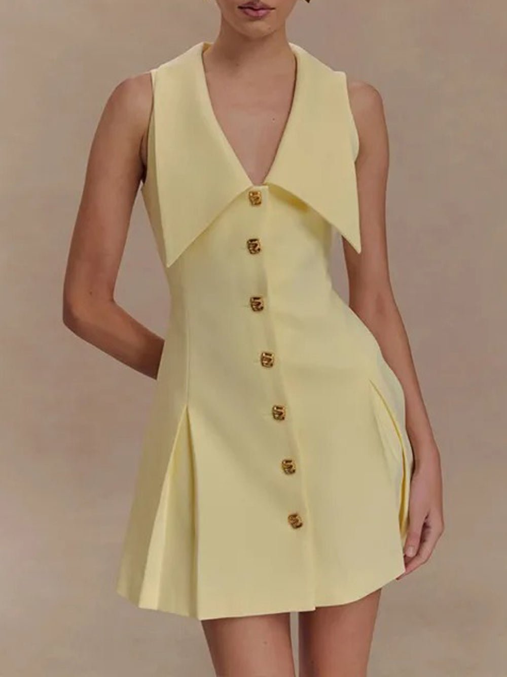 Oversized Collar Metal Button Front Pleated A-Line Mini Blazer Dress