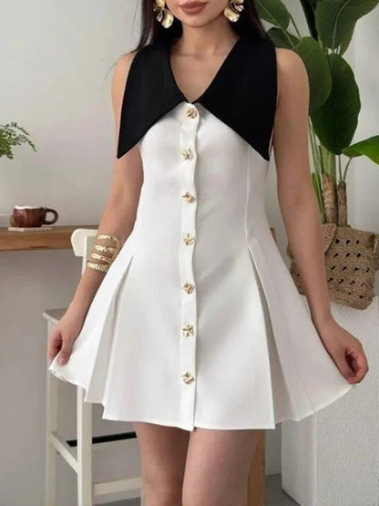 Oversized Collar Metal Button Front Pleated A-Line Mini Blazer Dress