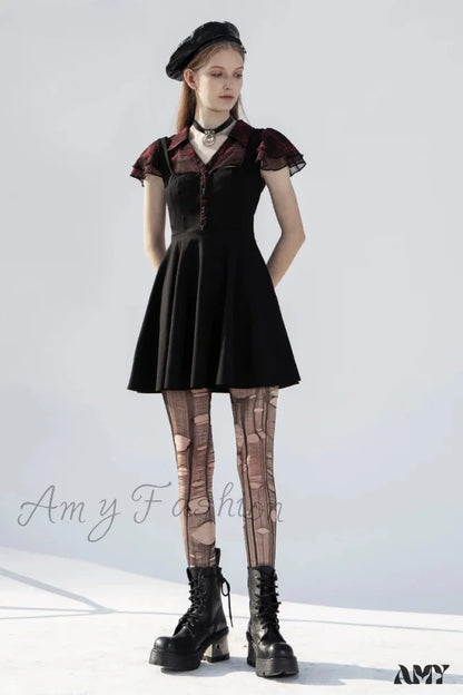Falbala Short Sleeves A-line Rivets Ruffle V-neck Sexy Plaid Splicing Gothic Dress