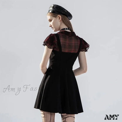 Falbala Short Sleeves A-line Rivets Ruffle V-neck Sexy Plaid Splicing Gothic Dress