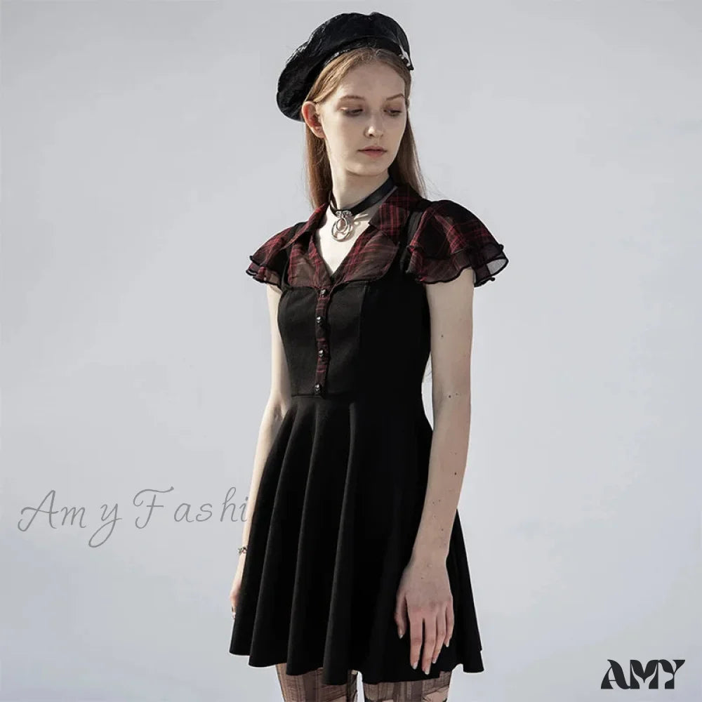 Falbala Short Sleeves A-line Rivets Ruffle V-neck Sexy Plaid Splicing Gothic Dress
