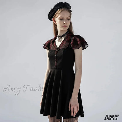 Falbala Short Sleeves A-line Rivets Ruffle V-neck Sexy Plaid Splicing Gothic Dress