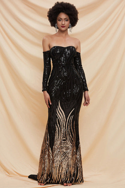 Sequin Long Sleeve Off Shoulder Mermaid Maxi Gown