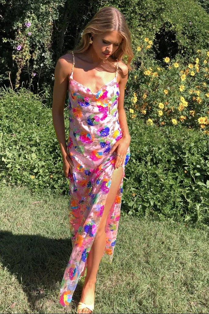 Cowl Neck Chain Strap Floral Embellished High Slit Slip Maxi Dress