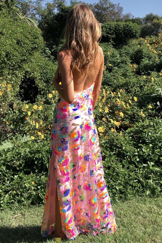 Cowl Neck Chain Strap Floral Embellished High Slit Slip Maxi Dress