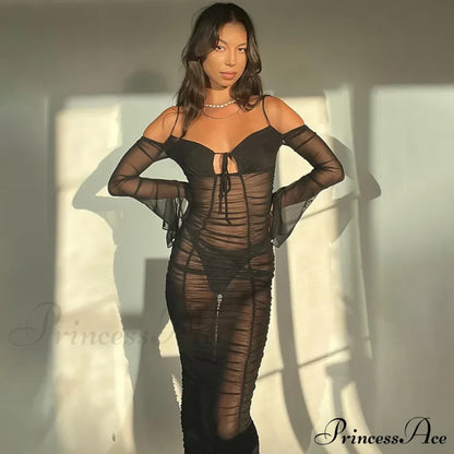 Fashion Mesh See Through Tie Front Maxi Dress