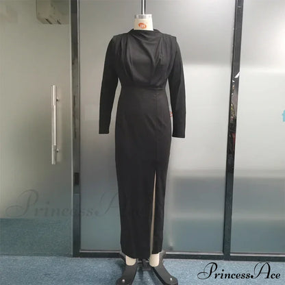 Fashion Pleated High Split Long Sleeve Maxi Dress