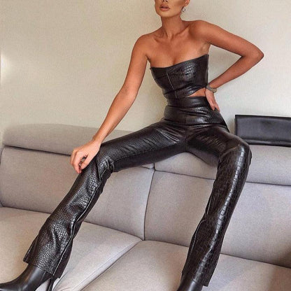 KittenAlarm - Fatima Leather Strapless Crop Top & Long Pants Set