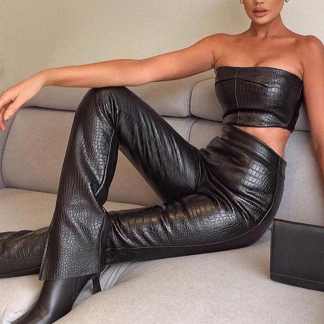 KittenAlarm - Fatima Leather Strapless Crop Top & Long Pants Set