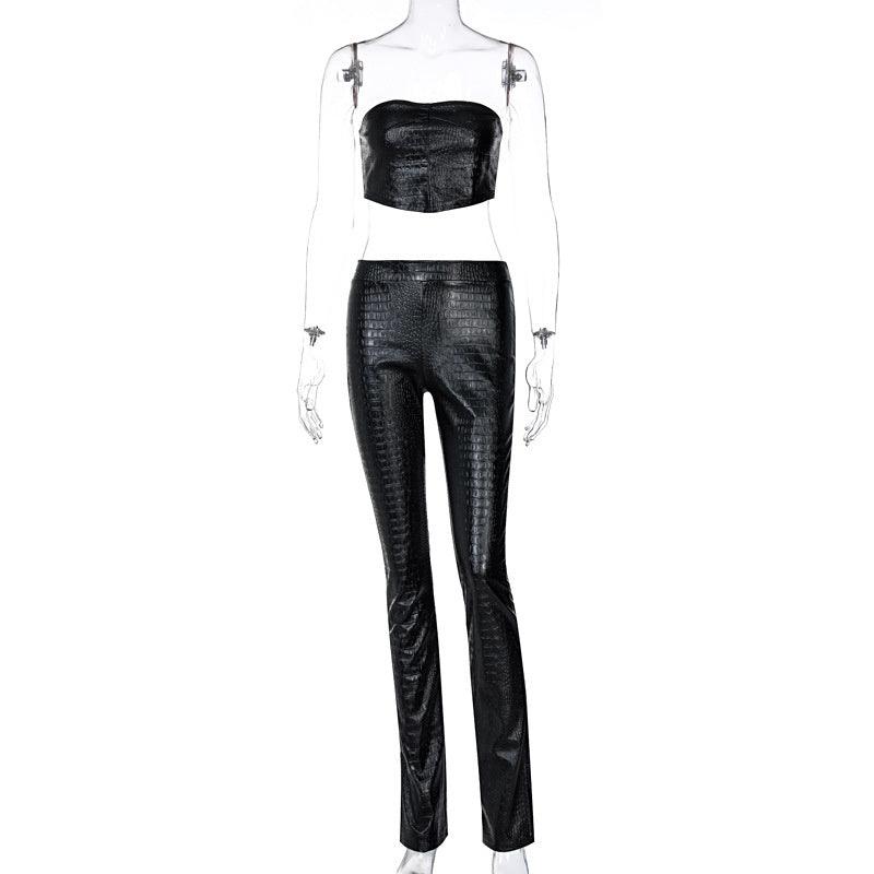 KittenAlarm - Fatima Leather Strapless Crop Top & Long Pants Set