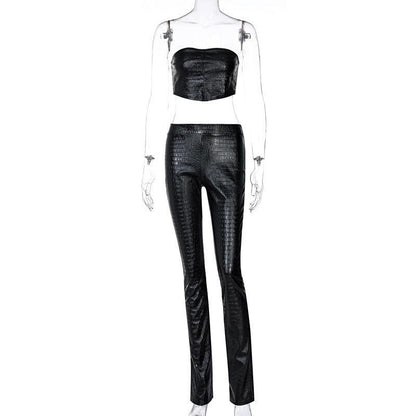 KittenAlarm - Fatima Leather Strapless Crop Top & Long Pants Set