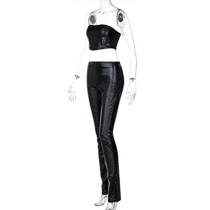 KittenAlarm - Fatima Leather Strapless Crop Top & Long Pants Set