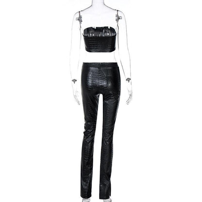 KittenAlarm - Fatima Leather Strapless Crop Top & Long Pants Set