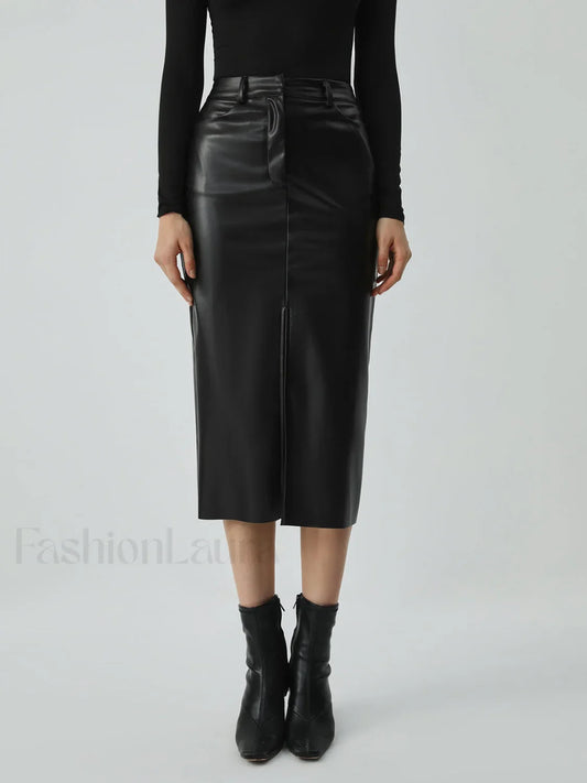 Faux Leather Graceful Pockets Midi Skirt