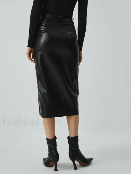 Faux Leather Graceful Pockets Midi Skirt