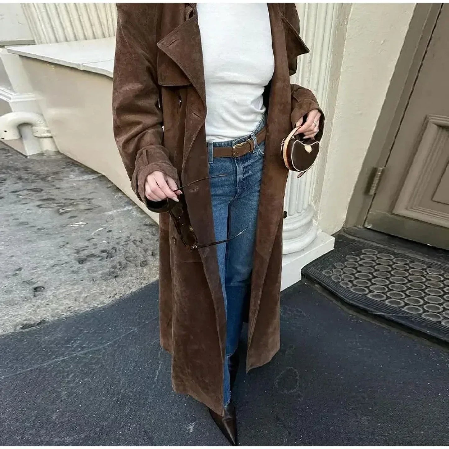Faux Leather Lapel Double-Breasted Overcoat
