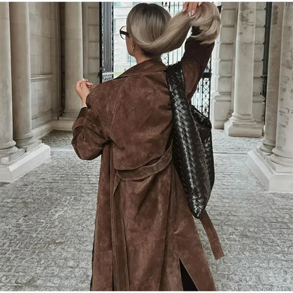 Faux Leather Lapel Double-Breasted Overcoat