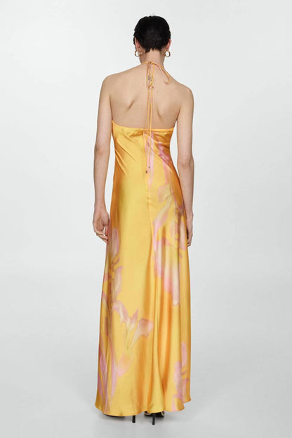 Halter Neck Twist Front Gathered Bodice Abstract Floral Satin Maxi Dress