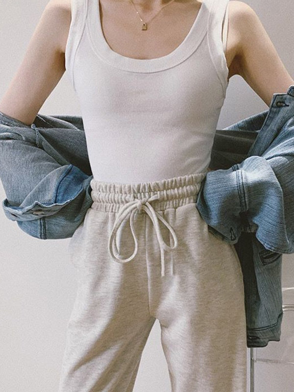 Solid Ribbed U Neck Tank Top