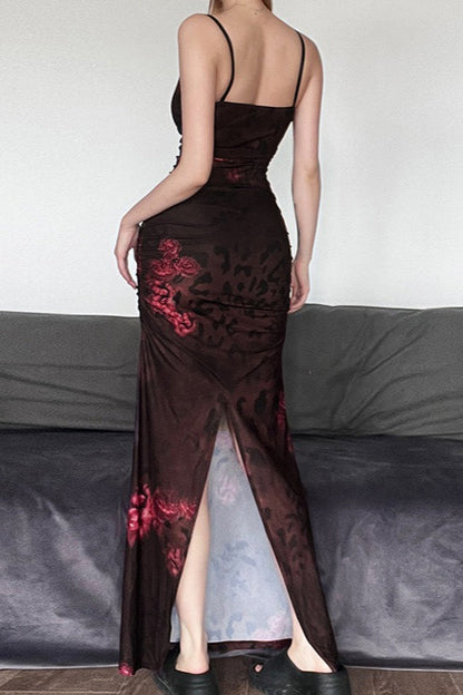 | Spaghetti Strap Bodycon Maxi Dress in Retro Print