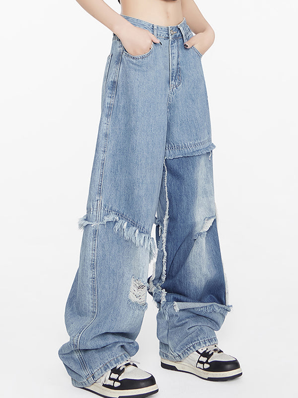 Niche slimming straight wide legs Ripped Jeans